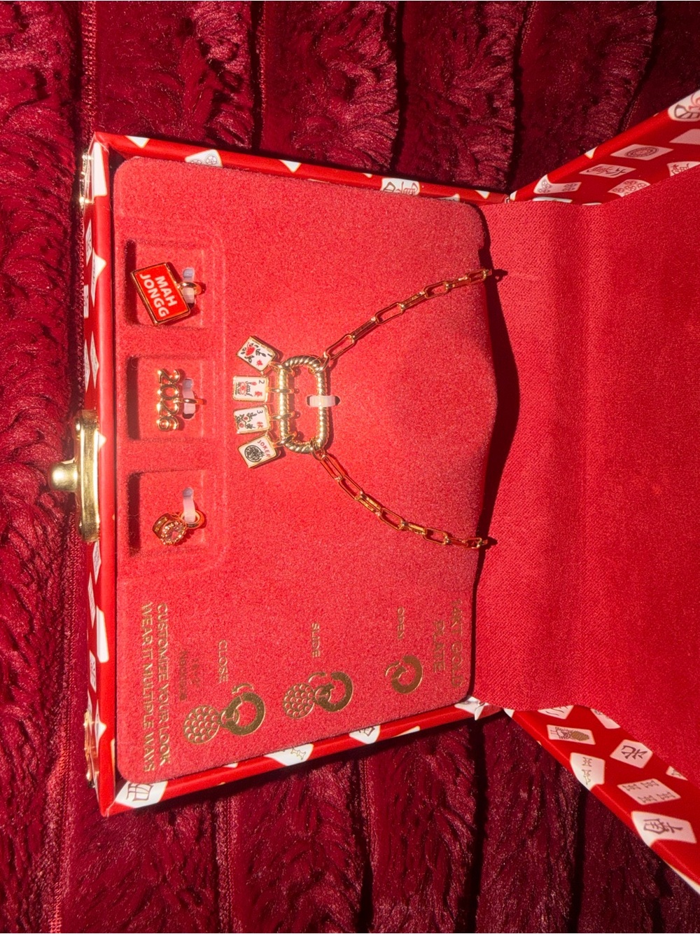 Gold Mahjong Tile Charm Necklace with Red and White Enamel Accents - Picture 3 of 5